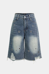 Denim Frayed Eyelet Wide Leg Shorts