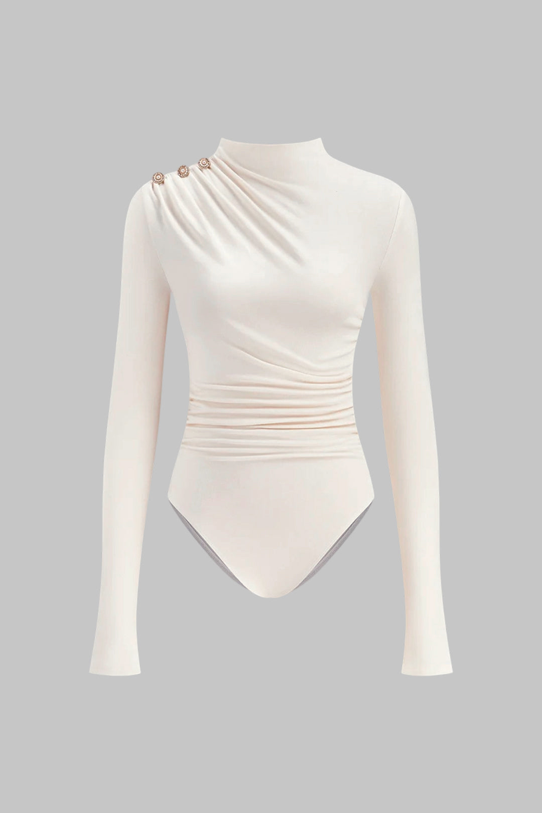 Asymmetrical Button Ruched Long Sleeve Bodysuit