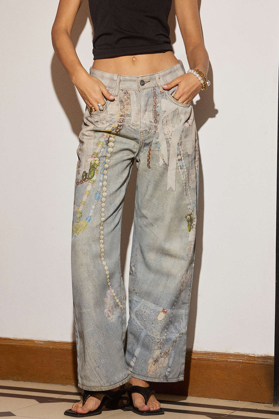 Denim Abstract Print Low Waist Wide Leg Pants