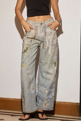 Denim Abstract Print Low Waist Wide Leg Pants