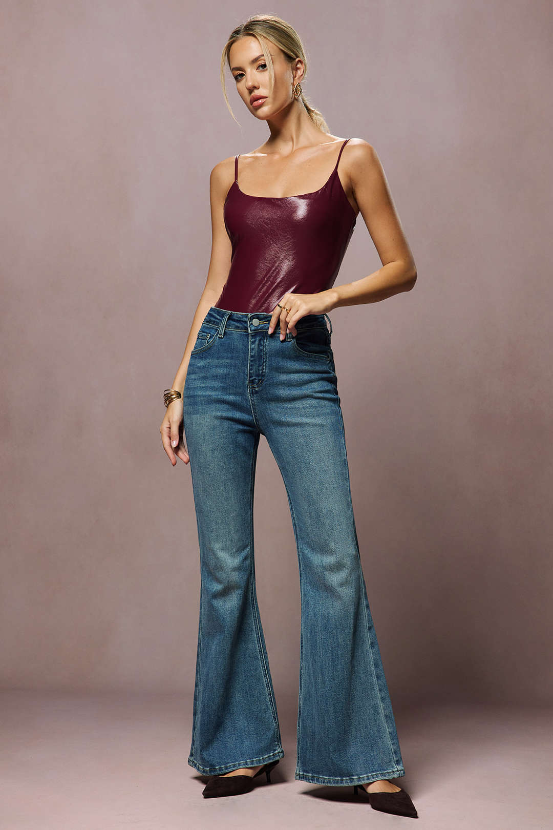 Basic Solid Faux Leather Sleeveless Bodysuit