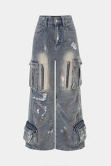 Denim Graffiti Print Ziper Pocket Straight Leg Jeans