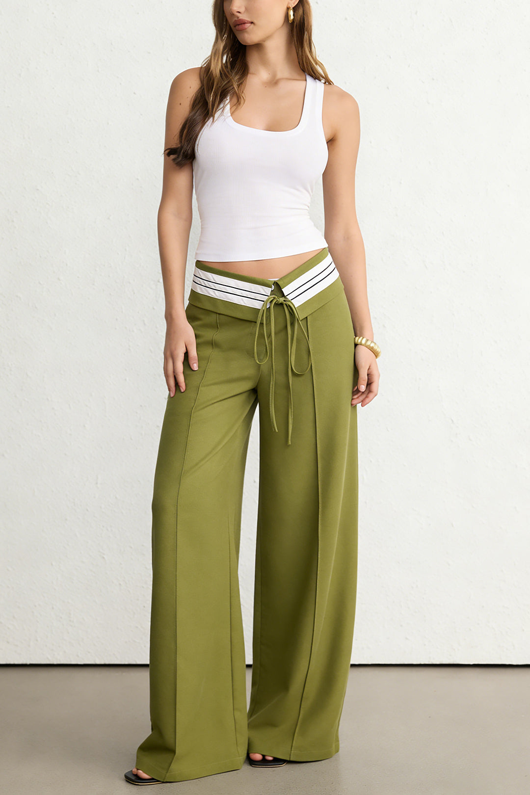 Contrast Linen Asymmetrical Tie-Up Straight Leg Pants