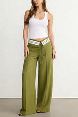 Contrast Linen Asymmetrical Tie-Up Straight Leg Pants