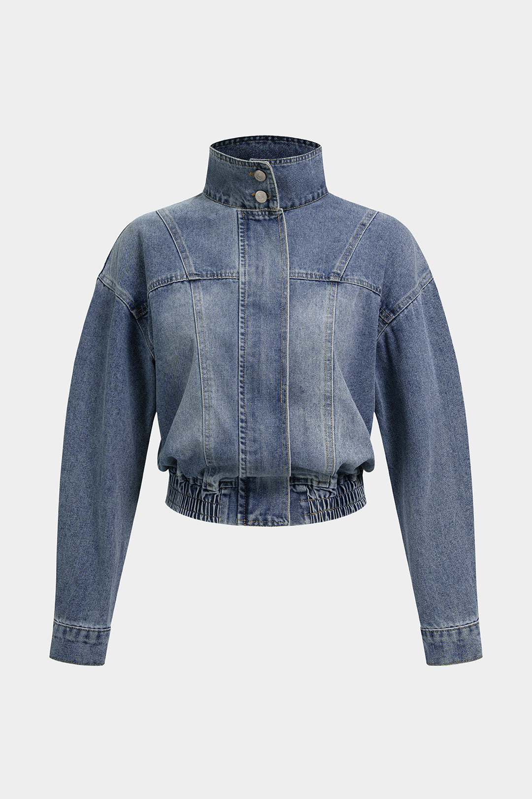 Denim Mock Neck Shirred Outerwear