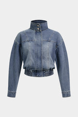Denim Mock Neck Shirred Outerwear