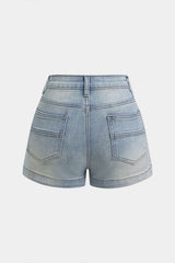 Denim Irregular Metallic Button Pocket Shorts