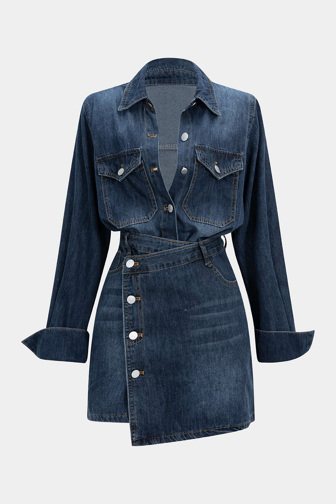 Denim Button Long-Sleeve Top And High Waist Mini Skirt Set
