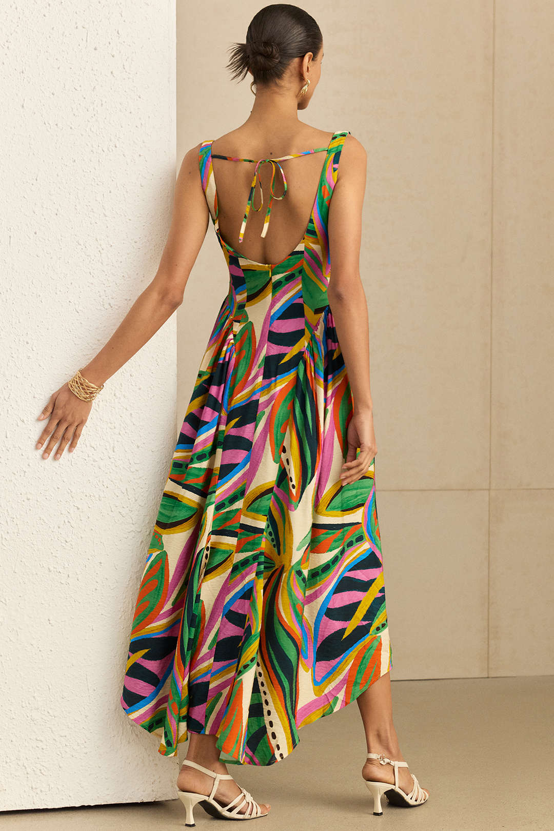 Abstract Print Ruched Sleeveless Maxi Dress