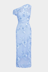 3D Floral Mesh One Shoulder Short Sleeve Maxi Dress