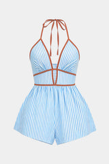 Contrast Stripes Print Halter Neck Tie-Up Sleeveless Romper