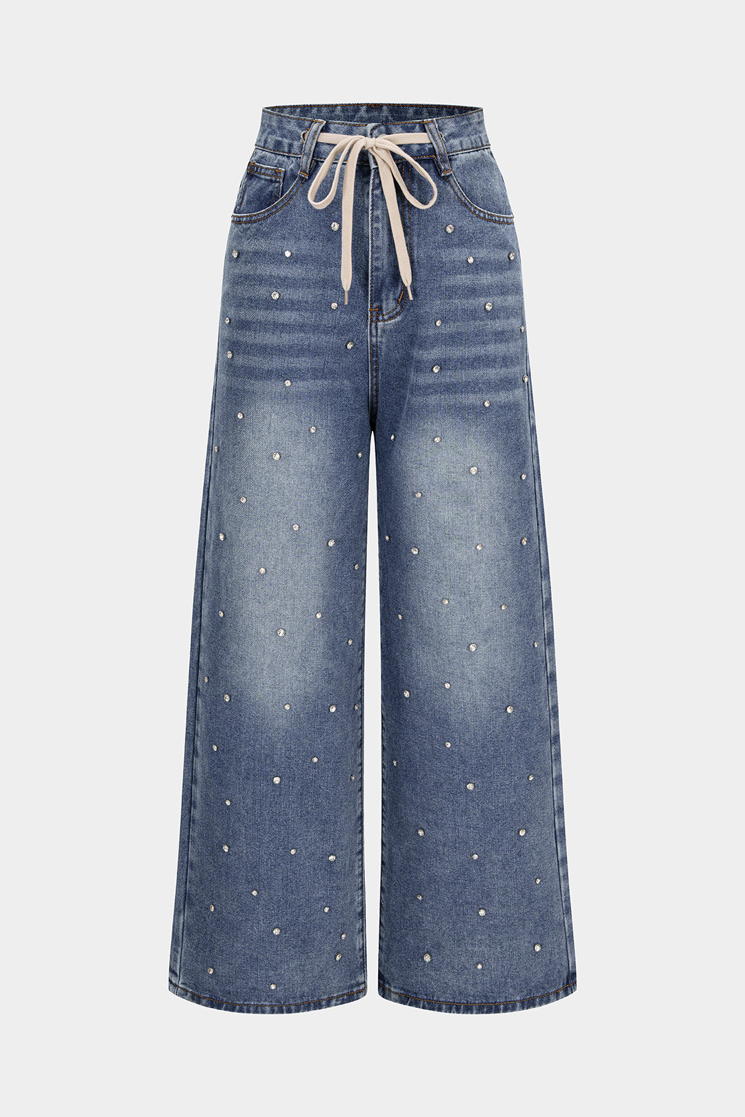 Denim Drawstring Beads Decor High Waist Wide Leg Jeans