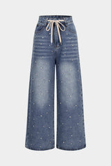 Denim Drawstring Beads Decor High Waist Wide Leg Jeans