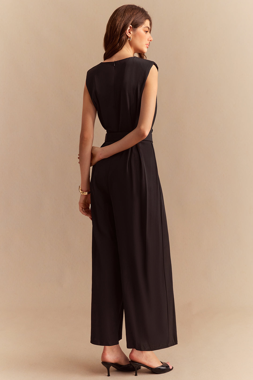 Chiffon Round Neck Belted Sleeveless Wide Leg Jumpsuit