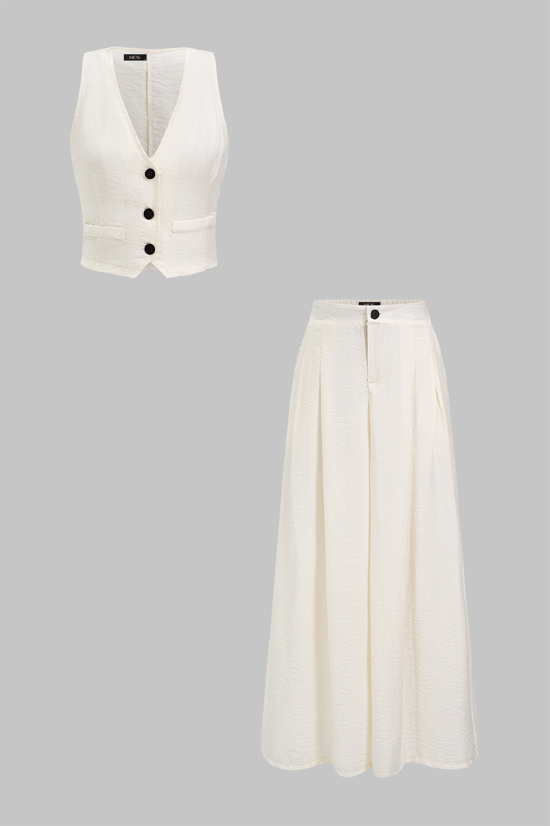 Button V-Neck Vest And Wide-Leg Pants Set