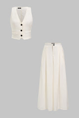 Button V-Neck Vest And Wide-Leg Pants Set