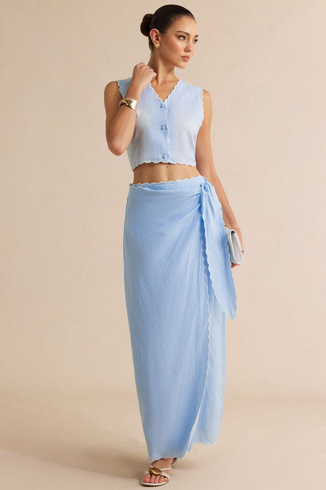 Contrast Whipstitching Linen Tie Front Wrap Skirt