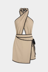 Contrast Crossed Halter Neck Asymmetrical Cut Out Tie-Up Sleeveless Mini Dress