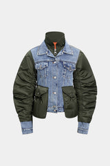 Denim Patchwork Ruched Pocket Jacket