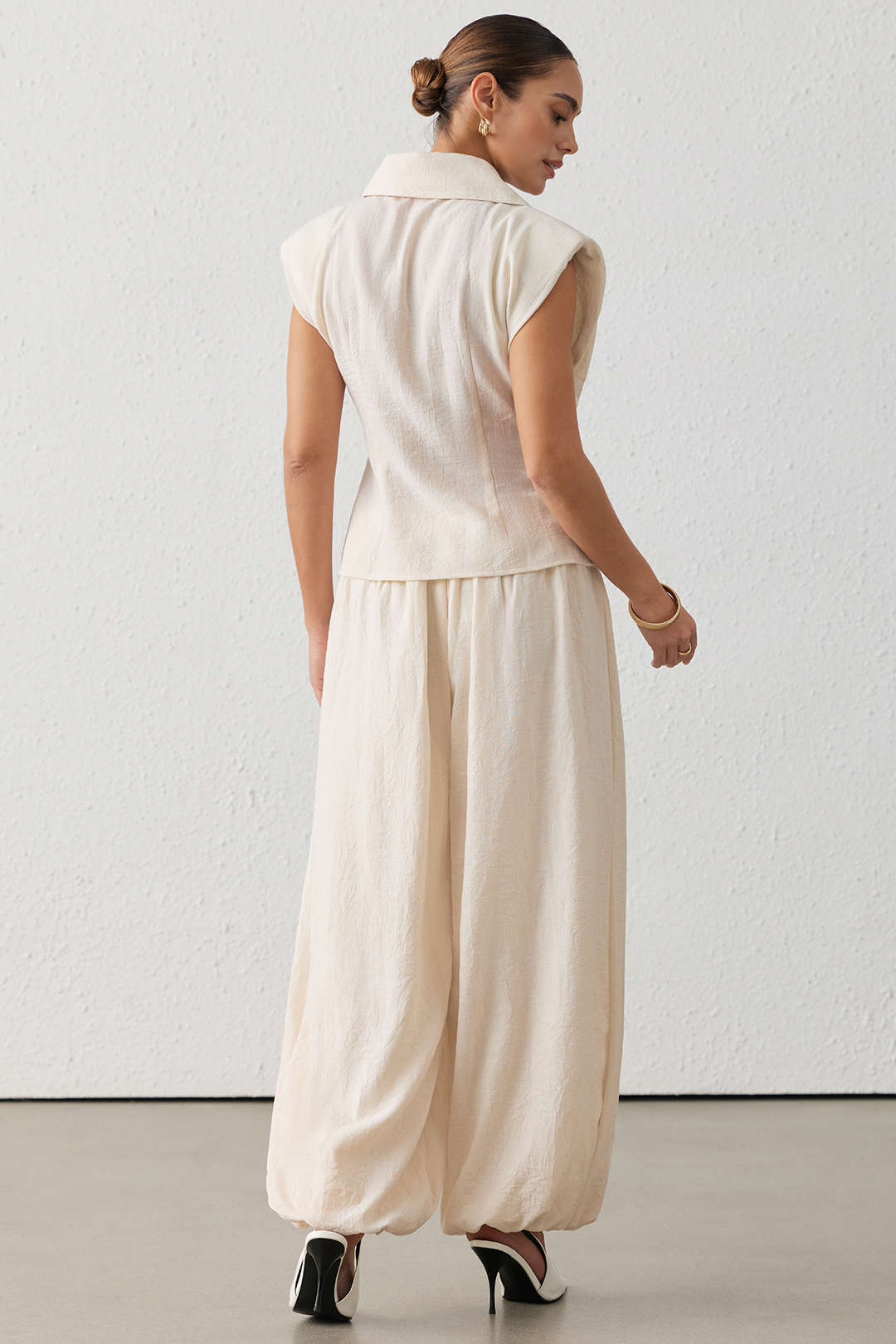Asymmetrical Button Ruched Wide Leg Pants