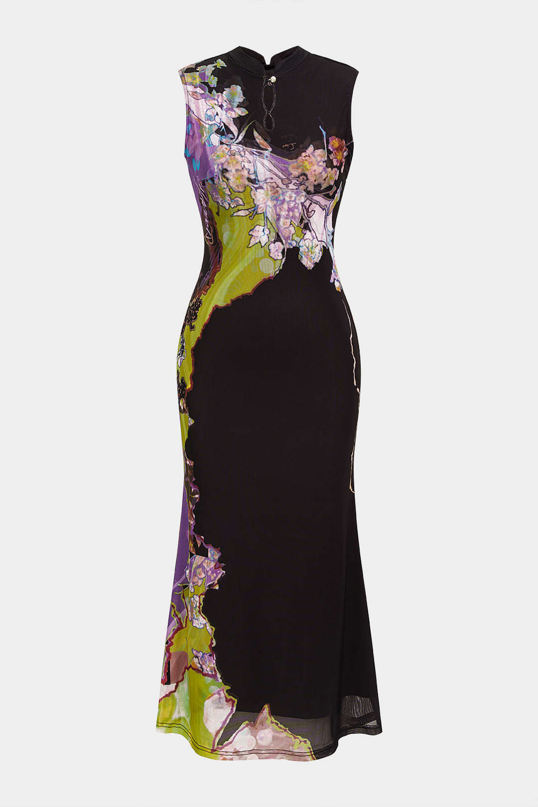 Contrast Floral Print Mesh Patchwork Sleeveless Midi Dress
