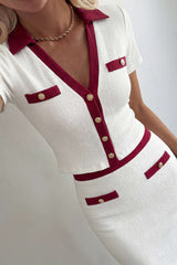 Contrast Trim Textured Button Short Sleeve Top