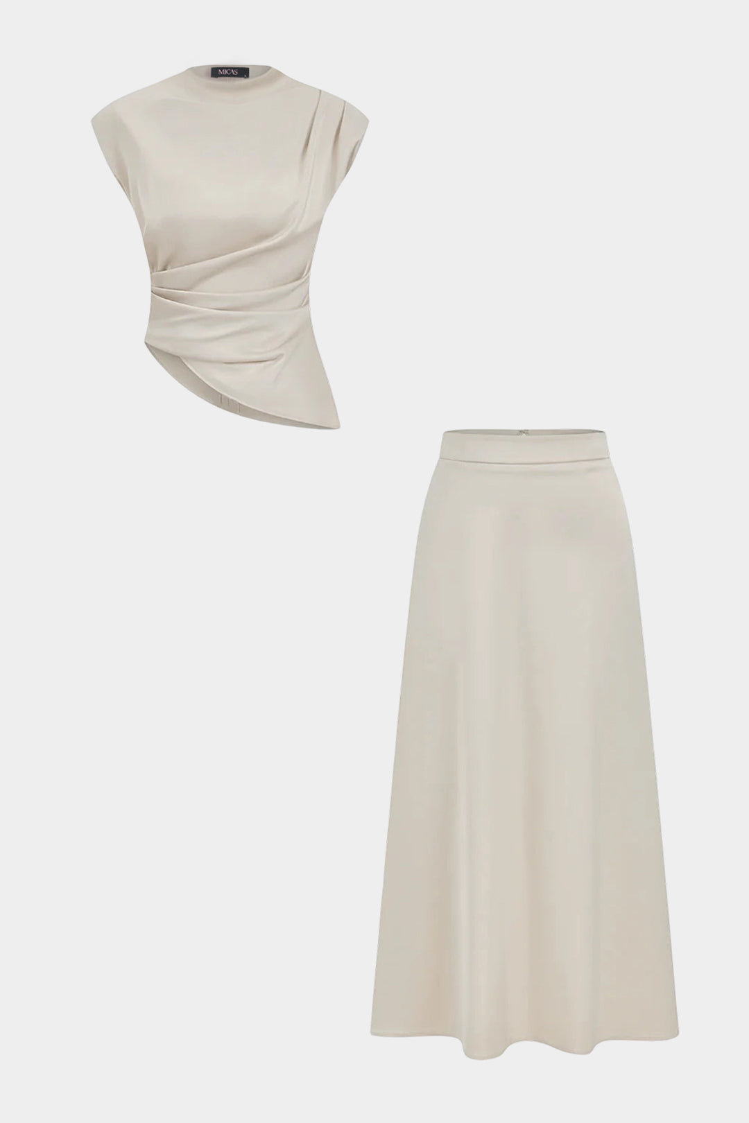 Asymmetrical Satin Draped Cap Sleeves Top And High Waist A-Line Skirt Set