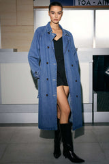 Denim Double-Breasted Belted Mid-Long Outerwear