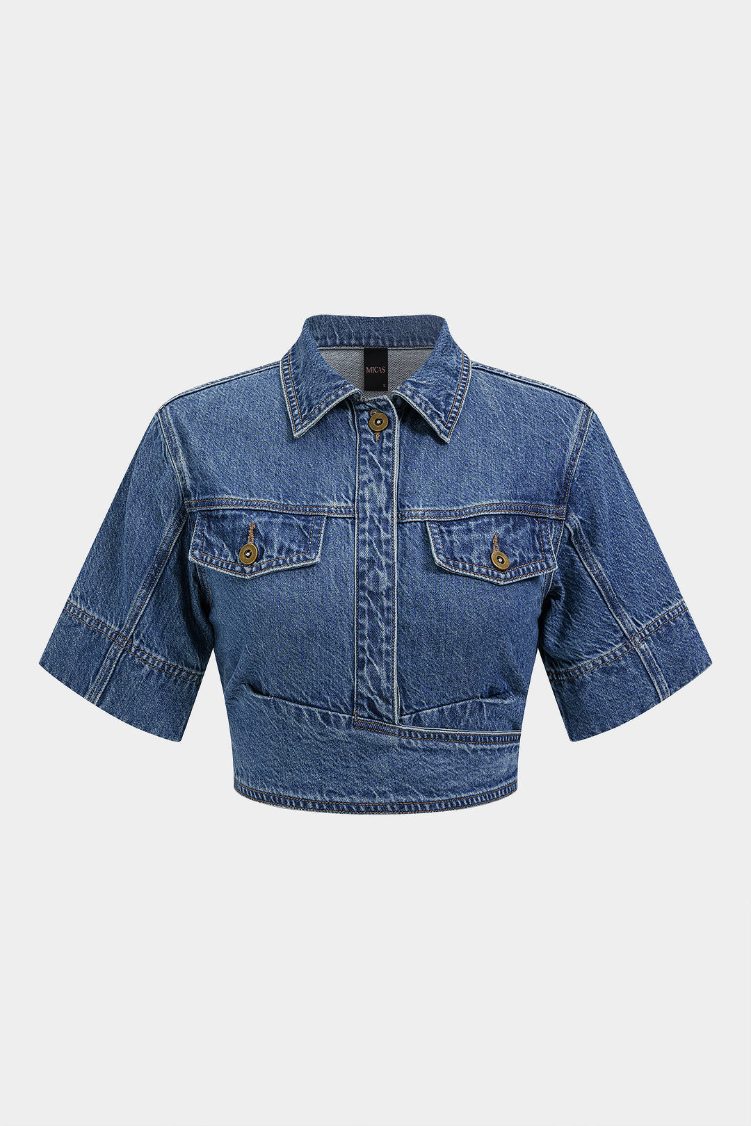 Denim Lapel Button Short Sleeve Cropped Shirt