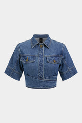 Denim Lapel Button Short Sleeve Cropped Shirt