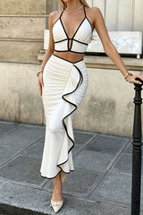 Contrast Trim Cut-Out Halter Neck Tie-Up Top And Asymmetrical Ruched Skirt Set