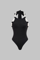 Contrast Halter Neck Twist Knot Backless Tie-Up Sleeveless Bodysuit