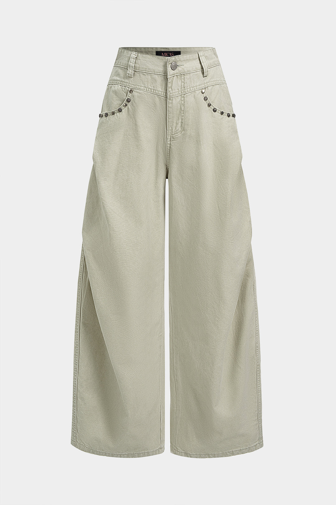 Denim Studded Rivet Ruched Wide Leg Jeans