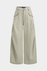 Denim Studded Rivet Ruched Wide Leg Jeans