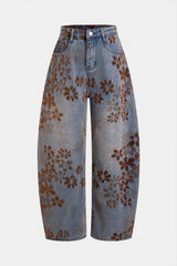Denim Floral Print High-Waist Pocket Jeans