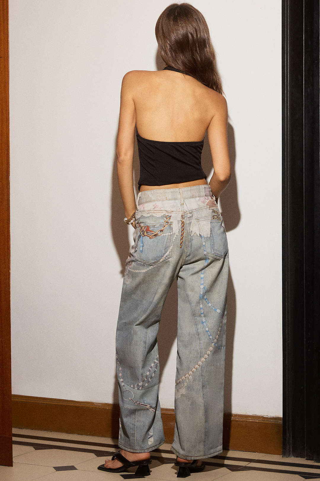 Denim Abstract Print Low Waist Wide Leg Pants
