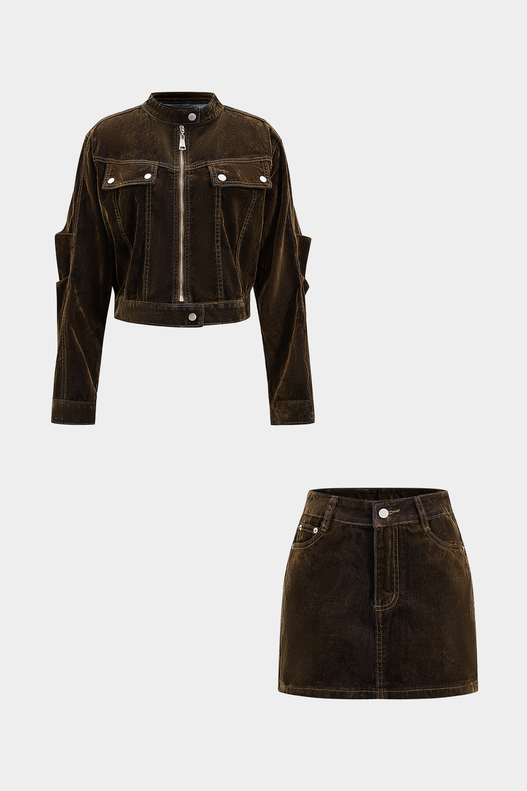 Denim Zipper Long-Sleeve Cropped Jacket And Mini Skirt Suit