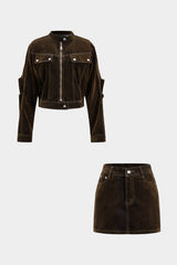 Denim Zipper Long-Sleeve Cropped Jacket And Mini Skirt Suit