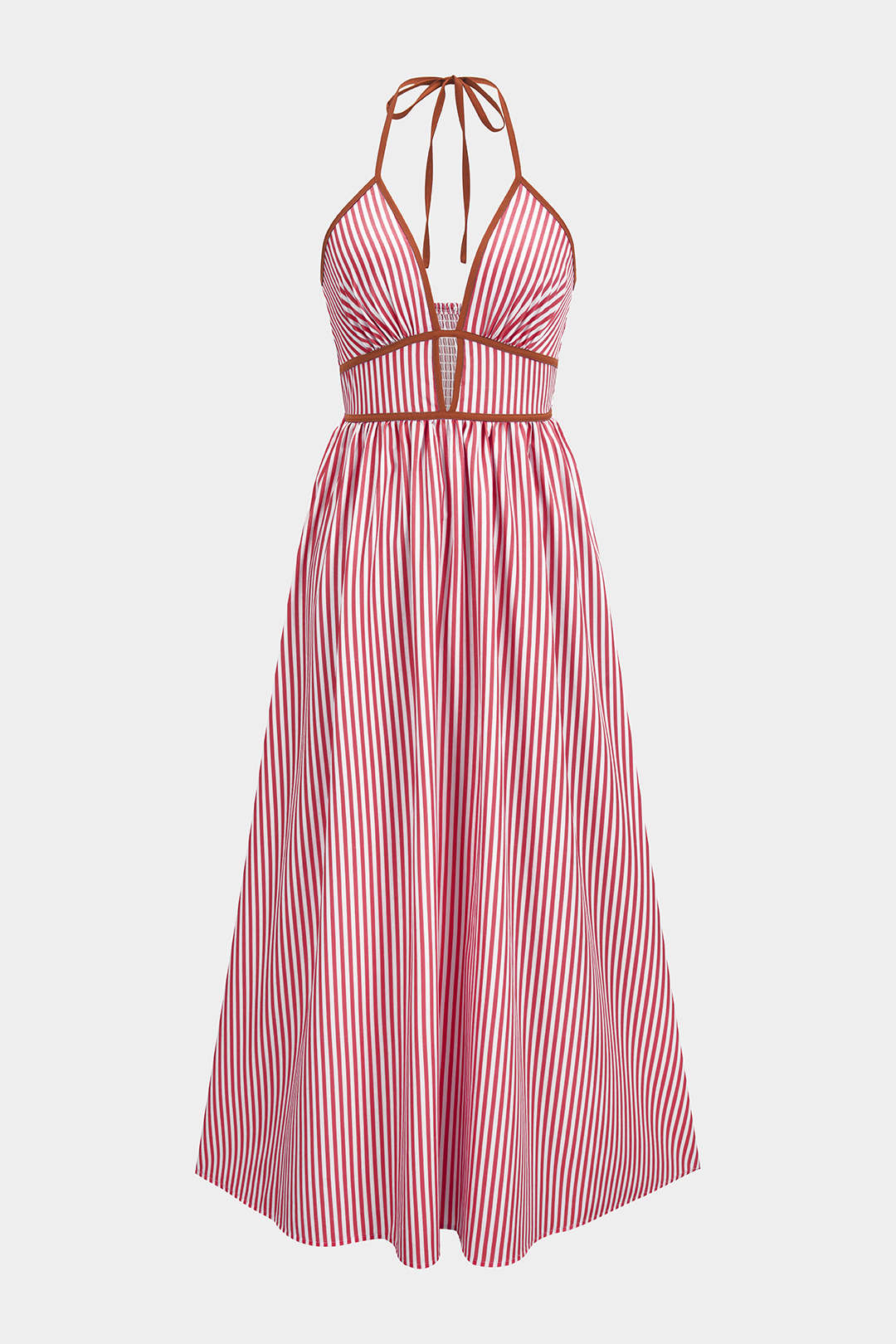 Contrast Stripes Print V-Neck Halter Neck Sleeveless Maxi Dress