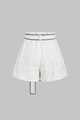 Contrast Whipstitching Lace Tie-Up Wide Leg Shorts