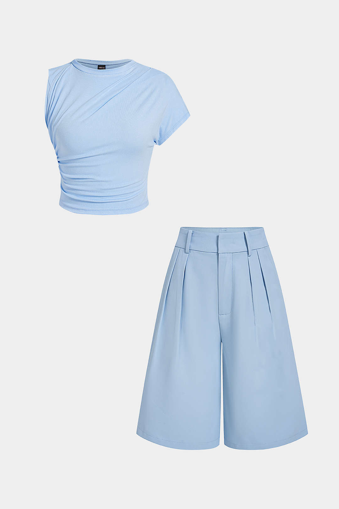 Asymmetrical Ruched Top And Pleated Wide Leg Shorts Set