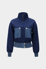 Contrast Print Denim Patchwork Smocked Zipper Jacket