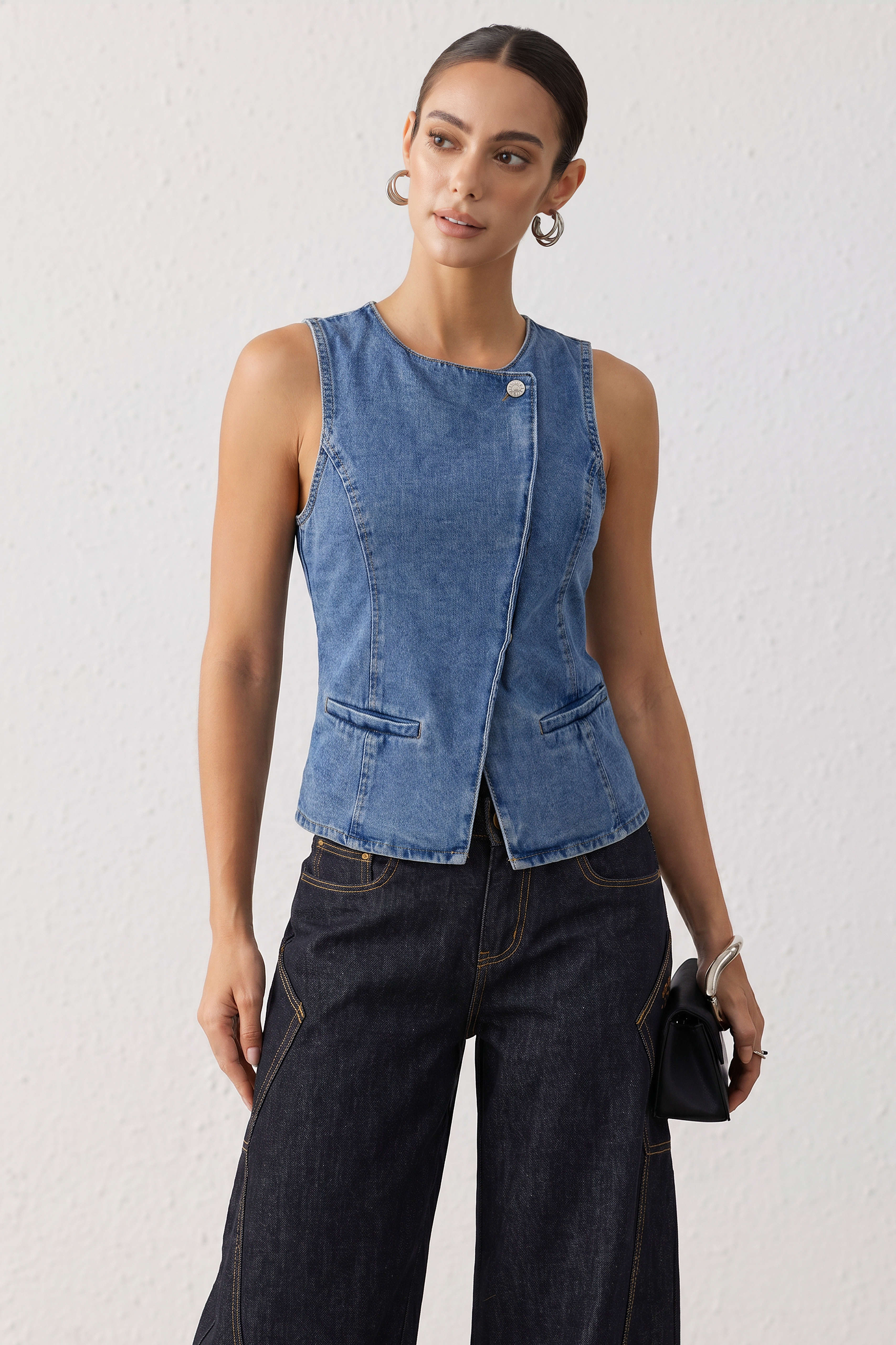 Denim Round Neck Asymmetrical Vest