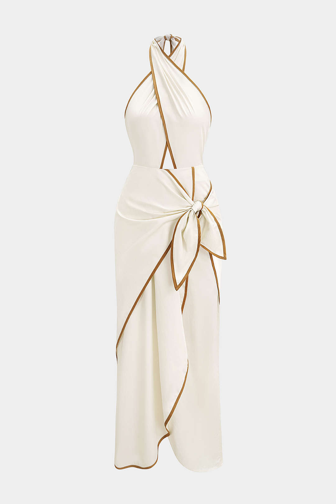 Contrast Binding Crossed Halter Asymmetrical Tie-Up Backless Sleeveless Midi Dress