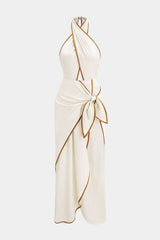 Contrast Binding Crossed Halter Asymmetrical Tie-Up Backless Sleeveless Midi Dress