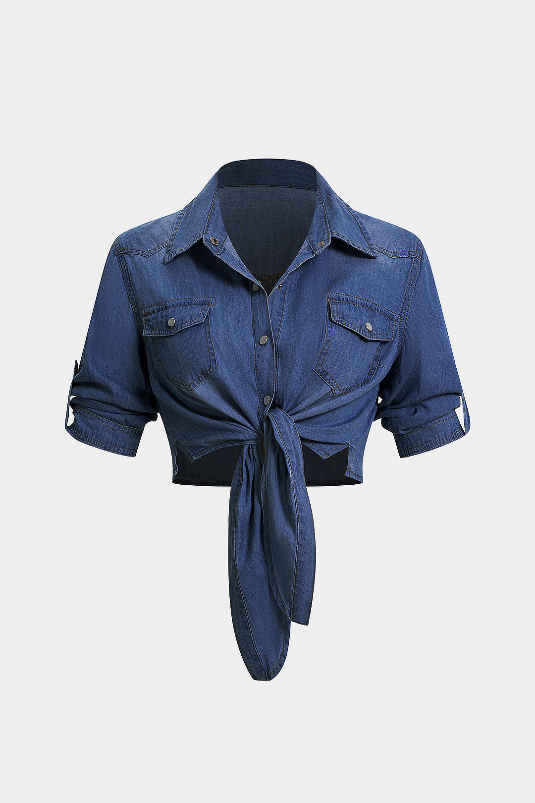 Denim Lapel Knotted Short Sleeve Shirt