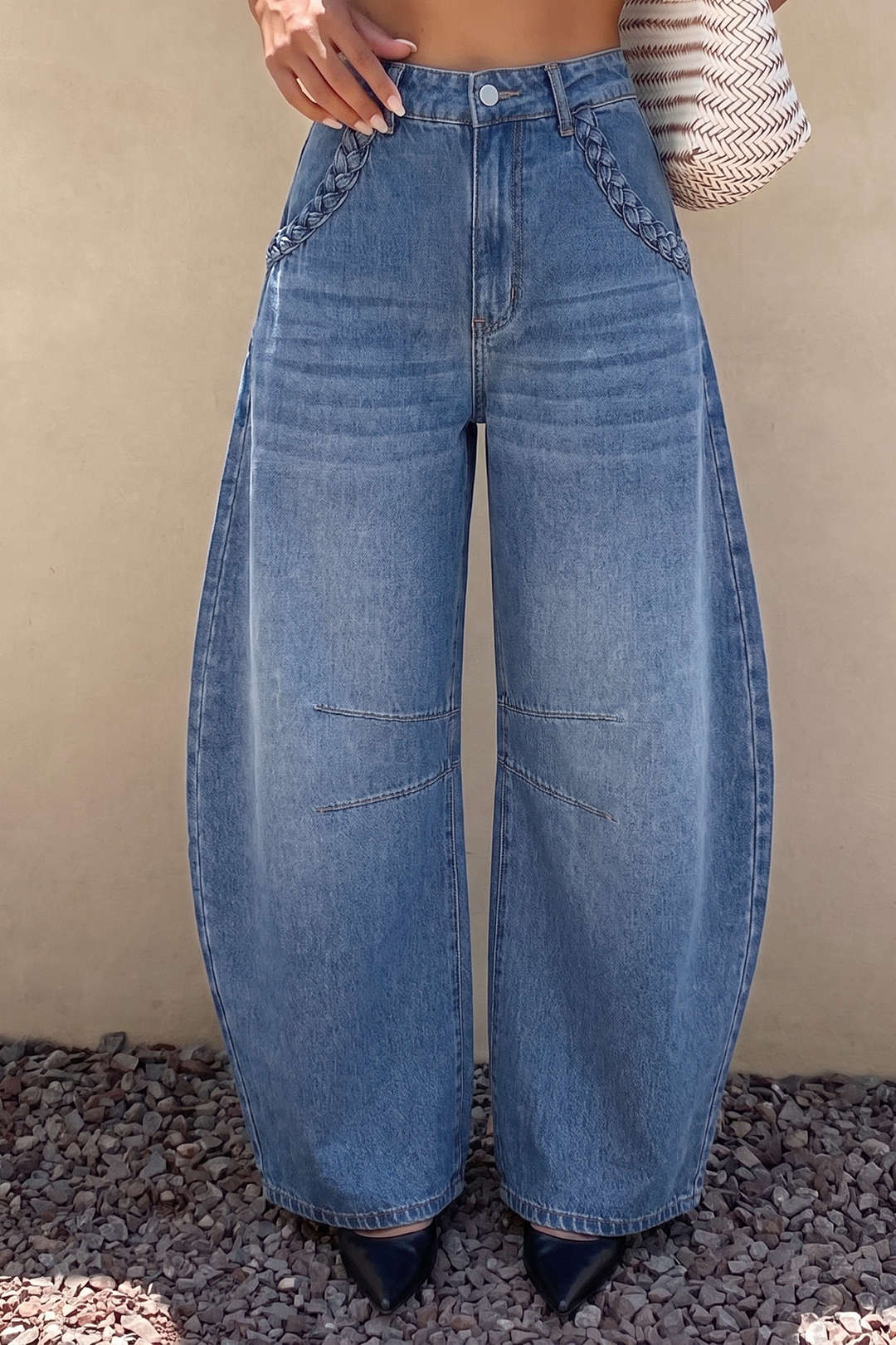 Denim Braided Pocket Zipper Horseshoe Jeans