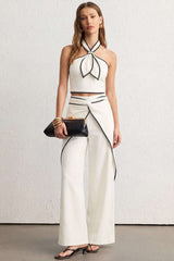 Contrast Binding Linen Ruched Twist Knot Wide Leg Pants