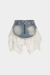 Denim Patchwork Chiffon Irregular Hem Frayed Skirt