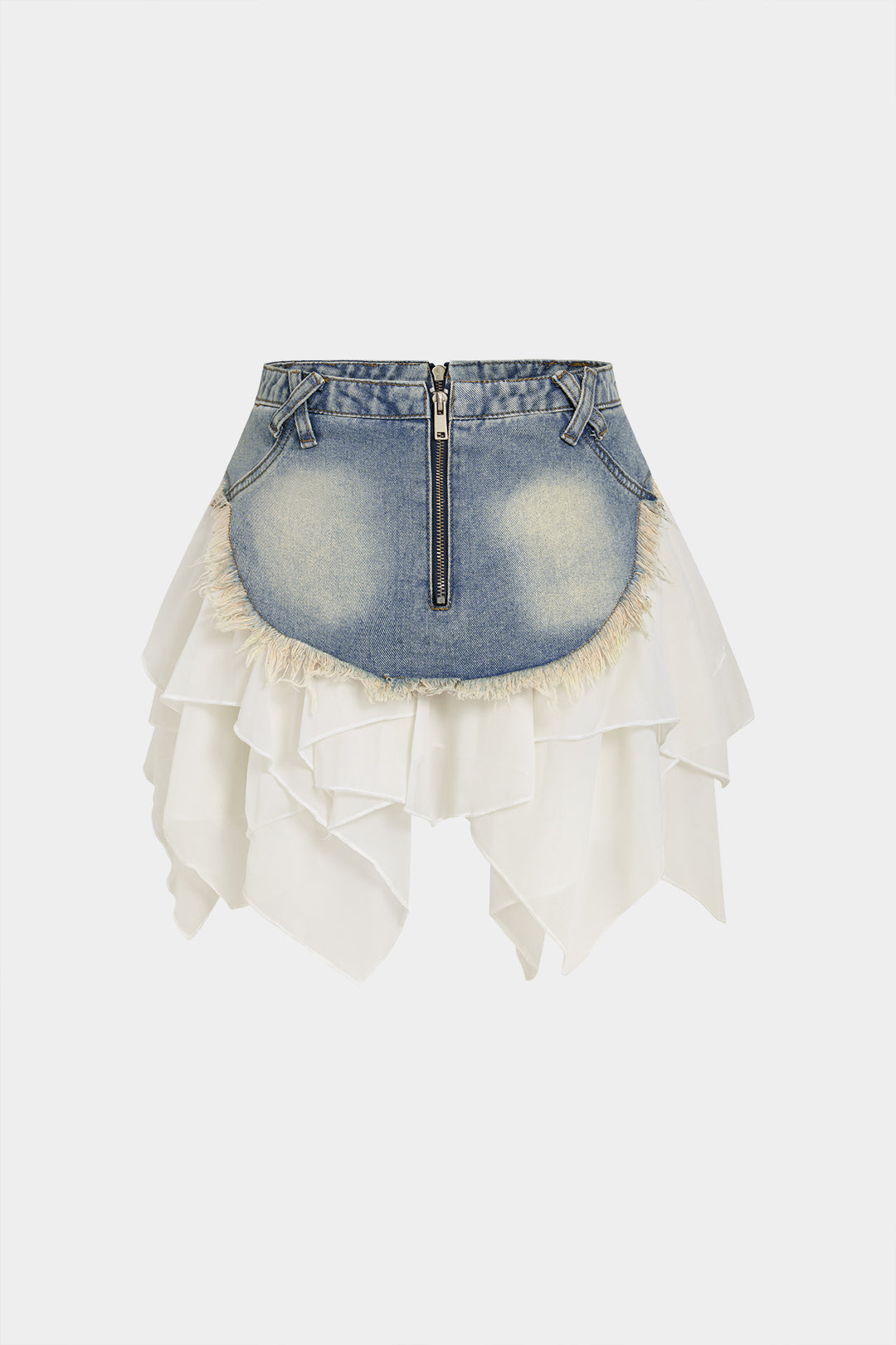 Denim Patchwork Chiffon Irregular Hem Frayed Skirt